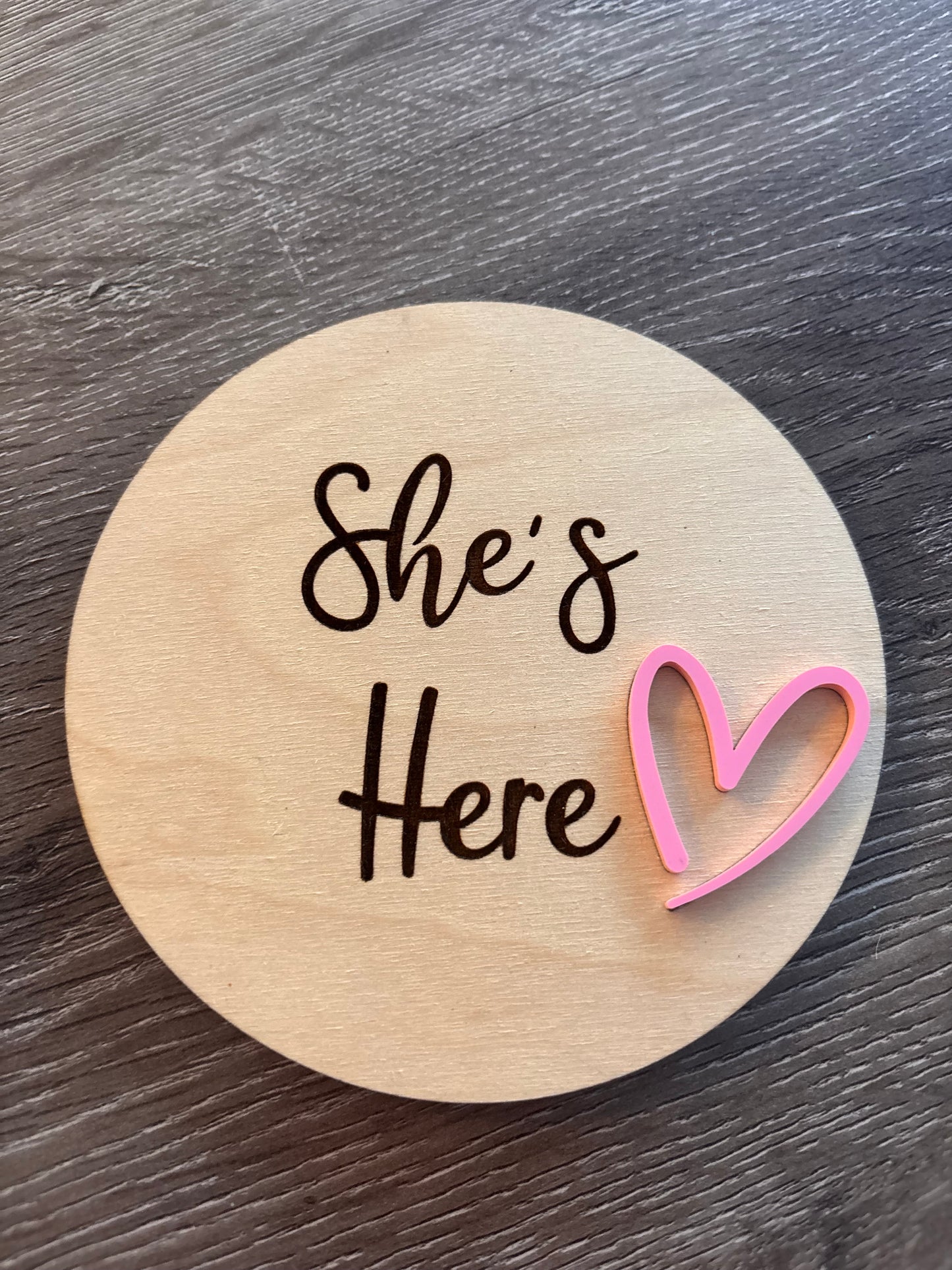 She’s Here Pink Heart Birth Announcement Round