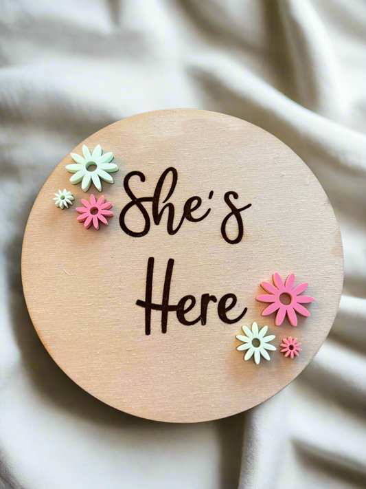 She’s Here Daisies Birth Announcement Round